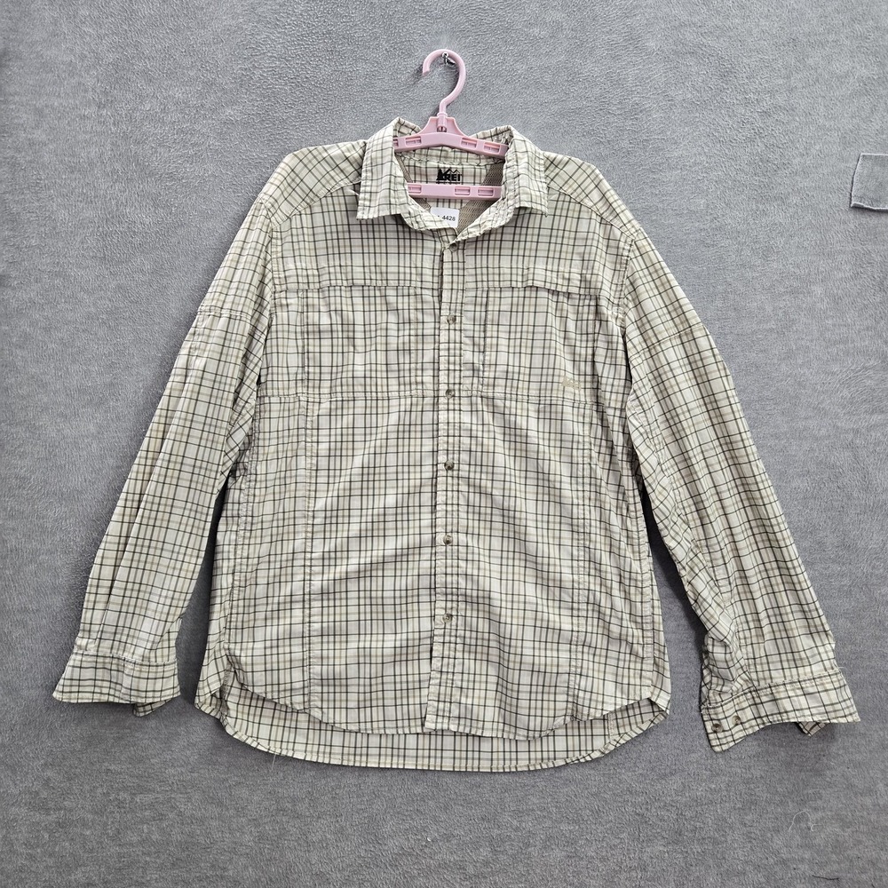 REI Men Button Up Shirt XL Beige Plaid Outdoor Performance Long Sleeve Mesh
